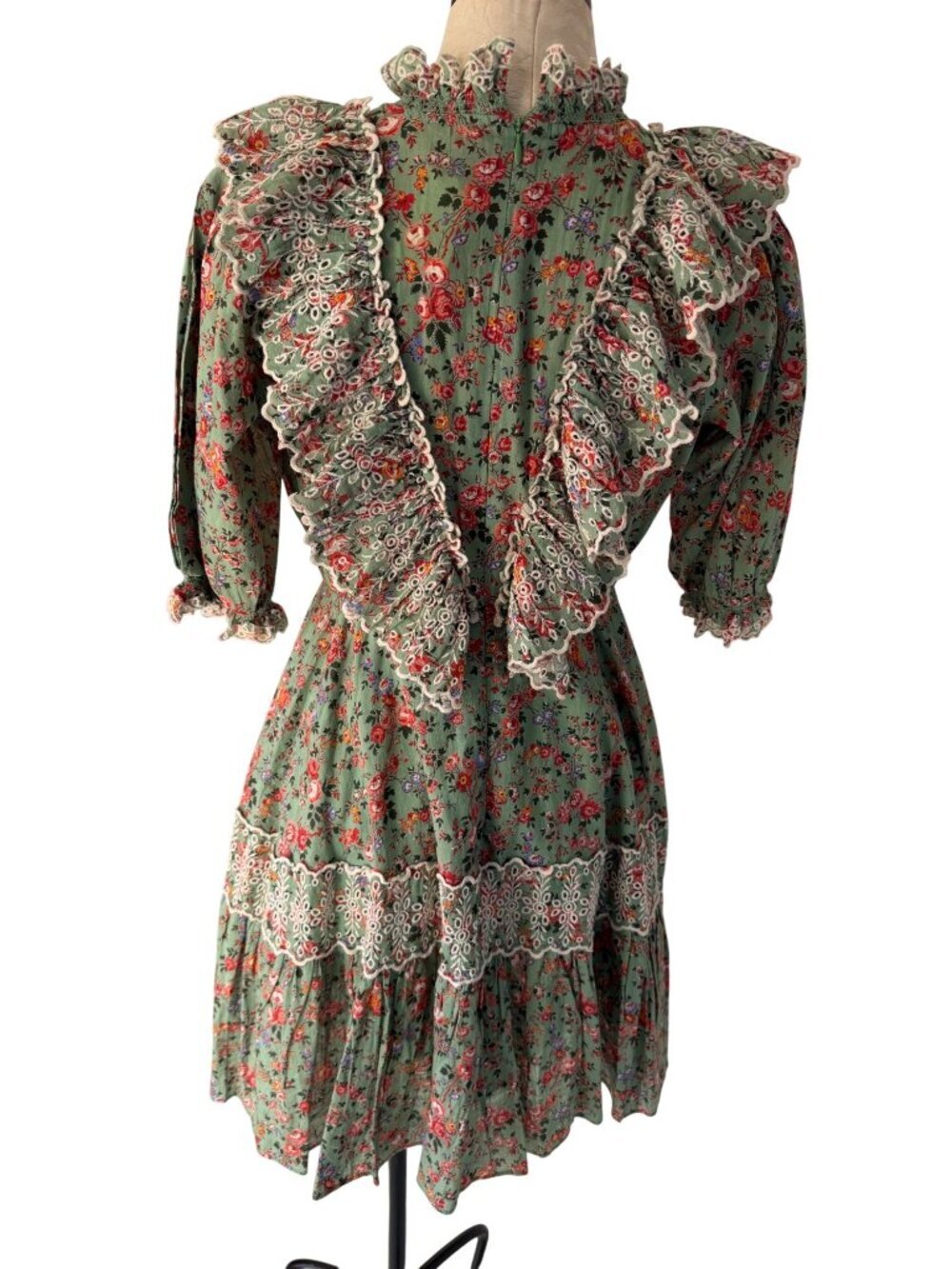 byTimo Womens Eyelet Lace Trim Ruffle Bodice Floral Mini Dress Size M Green Boho - Picture 4 of 10